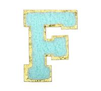 sourcing map Parches termoadhesivos de letras de felpilla de 5,6 cm, con letra F, borde dorado, bordado del alfabeto con adhesivo para decoración de reparación de ropa, azul agua
