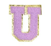 sourcing map Parches termoadhesivos de letras de felpilla de 5,6 cm, con letra U, borde dorado, bordado del alfabeto con adhesivo para decoración de reparación de ropa, color morado
