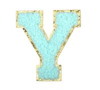 sourcing map Parches termoadhesivos de letras de felpilla de 5,6 cm, con letra Y, bordado del alfabeto con borde dorado, adhesivo para decoración de reparación de ropa, azul agua
