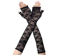 sourcing map Protección UV Mangas de brazo de encaje fino Protector solar para exteriores Guantes con agujero para pulgar para mujer Negro Long