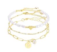 sourcing map Pulseras de oro con inicial para mujer, pulsera con inicial de eslabones de cadena en capas con dije de perla para mujeres, amigas, cumpleaños, Navidad (letra P)