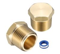 sourcing map Tapón de compresión de cabeza hexagonal de latón, 2 tapas de válvula de tope, rosca hexagonal NPT de 3/8 pulgadas, tapa de sellado con cinta PTFE para aire acondicionado, agua, dorado