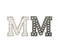 sourcing map Termoadhesivo Decorativo Letra M Negro Blanco Parche Brillo Alfabeto Aplique Imitación Diamante Perla Inglés Letra para Bricolaje Ropa Reparación Sombreros Bolsos Paquete de 2