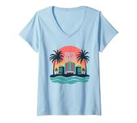 South Beach Retro Tropical Paradise Art Deco Póster Camiseta Cuello V, Mujer, Azul Bebé, S