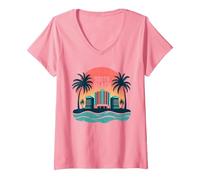 South Beach Retro Tropical Paradise Art Deco Póster Camiseta Cuello V, Mujer, Rosado, XXL