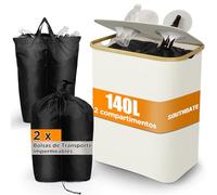 SOUTHGATE Botellas de depósito de 140L con 2 Compartimentos, Cubo de Basura Cocina con Tapa Abatible, 2 Bolsas de Transporte para Reciclar de Plástico Botellas de Vidrio Papel, Beige