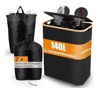 SOUTHGATE Botellas de depósito de 140L con 2 Compartimentos, Cubo de Basura Cocina con Tapa Abatible, 2 Bolsas de Transporte para Reciclar de Plástico Botellas de Vidrio Papel, Negro