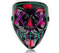 SOUTHSKY Máscara LED, cara completa de terror negro, luz de neón de 2 colores brillante, material de PVC, para Halloween, festival, carnaval, rave, disfraz de cosplay (verde + morado)