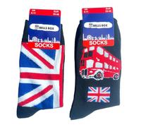 Souvenirs - Calcetines para hombre con diseño de la bandera del Reino Unido, 2 pares de calcetines de Reino Unido, calcetines negros con autobús rojo, regalo británico