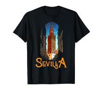 Souvenirs Y Recuerdos De Lugares De España Postal de la Giralda de Sevilla Ilustración Colorida Camiseta Unisex Adulto Negro Talla S Manga de Doble Puntada