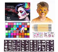 Souvik Juego de Pintacaras Maquillaje Infantil, Pintura Corporal y Facial, 54 Colores Base de Agua, 56 Pantillas de Tatuaje, 2 Pegatinas de Cristal, 6 Pinceles, para Niños Carnaval Halloween Fiestas