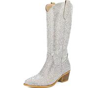 SOVANYOU Rhinestone Boot Cowboy Sparkly Boots for Women Silver Bling Glitter Western Cowgirl Tall Boots Pointed Toe Crystal Knee High Boot