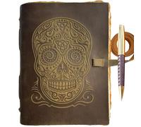 Sovereign-Gear Diario de piel hecho a mano con diseño de calaveras de azúcar, con papel a mano, A5, diario de viaje, perfecto para escribir, cuaderno de bocetos para hombres y mujeres, piel auténtica