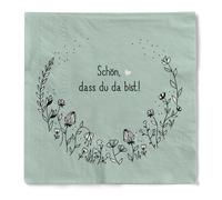 Sovie HOME Servilletas de papel con texto en alemán "Schönn, dass du da bist", 3 capas, 33 x 33 cm, pliegue 1/4, servilletas desechables color salvia con corona de flores en blanco y negro