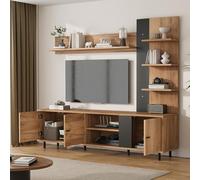 Soweiz 187,5 x 40 x 167 cm TV Wohnwand-Set con vitrina, incluye TV Board Set y estante, estantes abiertos, pared de salón, TV hasta 80', color madera + negro