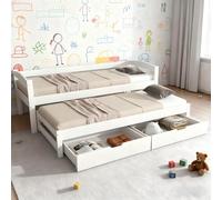 Soweiz Cama individual y doble, cama corredera con ruedas inferiores, con 2 cajones de MDF, marco de madera maciza, blanco (200 x 90 cm/190 x 90 cm)
