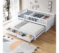 Soweiz Cama infantil, cama de invitados, sofá cama de madera maciza, 90 x 200 cm, rejilla de seguridad totalmente revestida, cama extensible con 2 cajones debajo, con somier (blanco)
