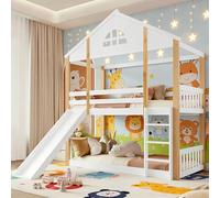 Soweiz Cama infantil con tobogán, cama de casa con vallas y protección contra caídas, litera con ventanas y deslizadores angulares de tres niveles, marco de cama de madera maciza, blanco y natural, 90