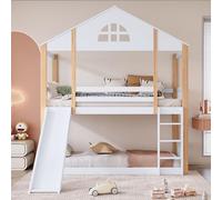 Soweiz Cama infantil con tobogán, litera con ventanas características y deslizadores angulares de tres niveles, cama de casa con vallas y protección contra caídas, marco de cama de madera maciza,