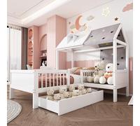 Soweiz Cama infantil de madera con forma de casa, cama individual, multifuncional, con tela de tienda, cojines, cajones inferiores, comodidad y seguridad, sin colchón, 90 x 200 cm, color blanco