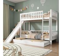 Soweiz Cama infantil, litera con cama abatible, con barrera anticaídas, con tobogán y estantes, con escalera recta de 4 peldaños, madera de pino+MDF, color blanco, 90 x 200 cm