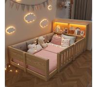 Soweiz Cama plana, cuna infantil con rejilla, con laterales acolchados, sin colchón, con barra de luz, natural: 90 x 200 cm