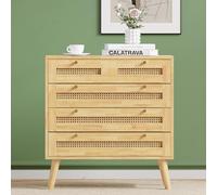 Soweiz Juego completo de 4 piezas, cama moderna de ratán+mesita de noche+cómodo+armario, cama doble de 160 x 200 cm, madera de pino+aglomerado+ratán de polietileno, natural (cómoda)