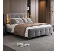 Soweiz Juego de dormitorio completo, cama tapizada modern 1 mesita de noche+taburete, cama doble con orejas laterales de 16 colores, mesita de noche, terciopelo, gris (140 x 200 cm) (140 x 200 cm,