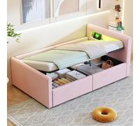 Soweiz Letto per Bambini 90x200 cm, Letto Imbottito Con luce LED, Con luce notturna e connessione di ricarica USB, Con contenitore idraulico, Letti per Bambini e bambine, Tessuto in Velluto (Rosa)