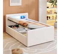 Soweiz Letto per Bambini 90x200 cm, Letto Imbottito Con luce LED, Con luce notturna e connessione di ricarica USB, Con contenitore idraulico, Letti per Bambini e bambine, Tessuto in Velluto (beige)