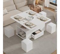 Soweiz Mesa de centro ajustable en altura, mesa de sofá móvil, mesa de centro multifunción 4 en 1, convertible en mesa de salón comedor, mesa de centro con cajones, con 4 taburetes, color blanco, 100