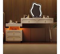 Soweiz Tocador con espejo LED e iluminación - con 4 cajones y 1 compartimento de almacenamiento, la cómoda se puede colocar a la izquierda o a la derecha, color blanco, 140 x 40 x 130 cm (sin taburete