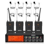 SOWOITIG Sistema de micrófono Lavalier inalámbrico con auriculares y micrófonos de solapa, juego de micrófono inalámbrico UHF de 4 canales con receptor de metal, alcance de 193 m para cantar, iglesia