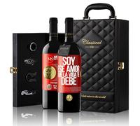 «Soy ese amor que la vida te debe» Mensaje en una Botella. Estuche-Maletín de LUJO 2x Vino Tinto Premium Reserva 12 Meses y Set de 4 Accesorios. Etiqueta Roja PERSONALIZABLE