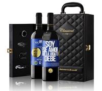 «Soy ese amor que la vida te debe» Mensaje en una Botella. Estuche-Maletín de LUJO 2x Vino Tinto Premium Reserva 12 Meses y Set de 4 Accesorios. Etiqueta Azul PERSONALIZABLE