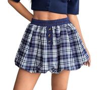 SOYNIA Faldas Mujer Falda De Burbujas A Cuadros para Mujer Cintura Elástica Vintage Minifalda De Línea A con Botones Casual Streetwear M Azul