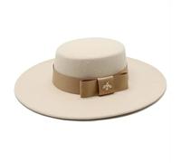 SOYNIA Fedora Trilby Sombrero Fedora con Lazo Blanco para Mujer Sombrero Fedora con Borde Plano Sombrero De Fieltro Elegante para Banquete Gorra para Vestido De Novia 56-58 Cm Color Beige