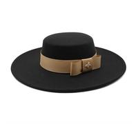 SOYNIA Fedora Trilby Sombrero Fedora con Parte Superior Plana Y Lazo Blanco para Mujer Sombrero De Fieltro Elegante para Banquete Gorra para Vestido De Novia 56-58Cm Negro