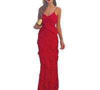 SOYNIA Vestidos De Fiesta Vestido con Tirantes para Mujer Vestido De Noche Escote En V hasta El Suelo Cóctel Fiesta De Graduación Vestido Largo con Tiras 2XL Rojo