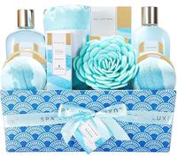 SPA LUXETIQUE Regalo para mujeres: 12 piezas conjunto de fragancia marina con aceite de masaje, sol de baño, bombas de baño, gel de ducha, manguera de pelo con botón cestas de enlace, sujetador
