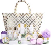 Spa Luxetique Set de Baño y Ducha a Lavanda, Set Lujoso de Regalo con 15 Piezas en Bolso de Mano, Incluye Exfoliante Corporal, Gorro para Secar Cabello, Regalos Originales para Mujer