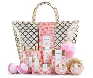 Spa Luxetique Set de Baño y Ducha a Rosa, Set Lujoso de Regalo con 15 Piezas en Bolso de Mano, Incluye Aceite de Masaje, Sales de Baño, Bombas de Baño, Loción Corporal, Regalos Originales para Mujer
