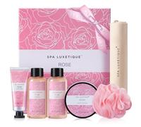 SPA LUXETIQUE Set de Regalo de Baño para Mujer - Gel de Ducha, Loción Corporal, Baño de Burbujas, Crema de Manos, Bolsa de Lino con Cordón, Set de Regalo de Viaje para el Día de San Valentín