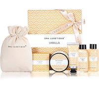 SPA LUXETIQUE Set de Regalo de Baño para Mujer - Set de cuidado con aroma de vainilla con gel de ducha tamaño viaje, loción corporal, baño de burbujas, crema de manos, bolsa de lino con cordón