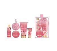 SPA LUXETIQUE Set de regalo de baño para mujeres - Set de cuidado con bolsa de tensión rosa con 6 piezas en tamaño de viaje, gel de ducha, loción corporal, baño de espuma, crema de manos, bolsa de