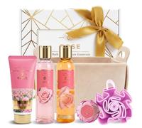 SPA LUXETIQUE Set de regalo de baño para mujeres - Set de cuidado con sacos de fieltro rosa con 6 piezas, en tamaño de viaje, gel de ducha, loción corporal, baño de espuma, crema de manos, bolsa de