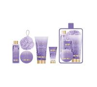 SPA LUXETIQUE Set de regalo de baño para mujeres - Set de cuidado de lavanda con 6 piezas en tamaño de viaje, gel de ducha, loción corporal, baño de espuma, crema de manos, bolsa de lino con cordón