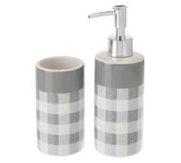 Space Home - Set de Baño - Dispensador Jabón Baño - Accesorios de Baño - Dosificador de Jabón Baño + Vaso para Cepillo - Set Baño Accesorios - Kit de Accesorios Baño - Cerámica - Rayas