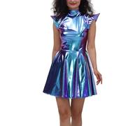 Space Kostüm Damen,Alien Kostüm Damen Metallic Kleid Silber Space Girl Kleider Ärmellos Body glitzer Galaxy Kostüme Astronaut Minikleid 90er Disco Festliches Weltraum Faschingskostüme Karneval,Xl 1
