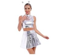 Space Kostüm Familie Set Damen Mädchen Alien Kostüm Metallic Silber glänzend Partykleid Minikleid Karneval Fasching Rave Weltall Space Girl Outfit als Clubwear für Disco & Nachtclub Tanzkostüm